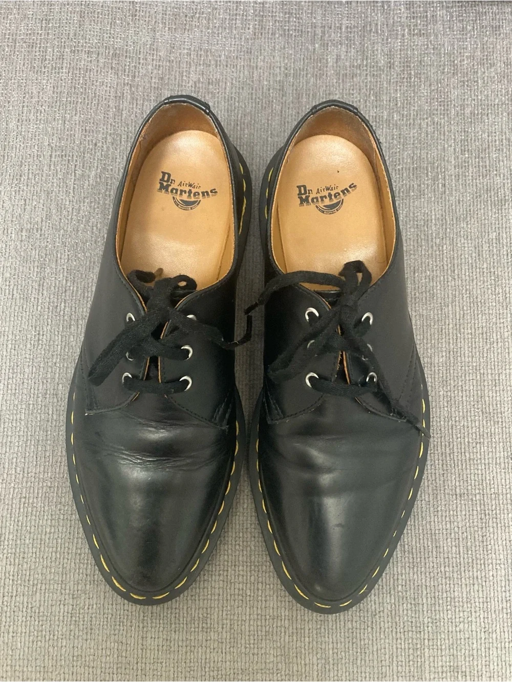 Dr. Martens Black Leather 3-Eye Derby with Yellow Stitching